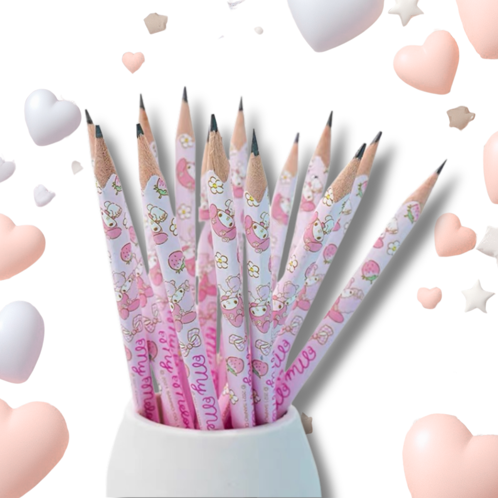 A set of pink Hello Kitty pencils arranged in a white pencil holder against a white background with floating pastel hearts and stars.