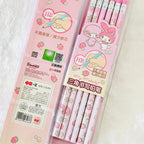 Sanrio My Melody HB gel pencil set in a pink plastic case, featuring strawberry and character illustrations on a white textured background.