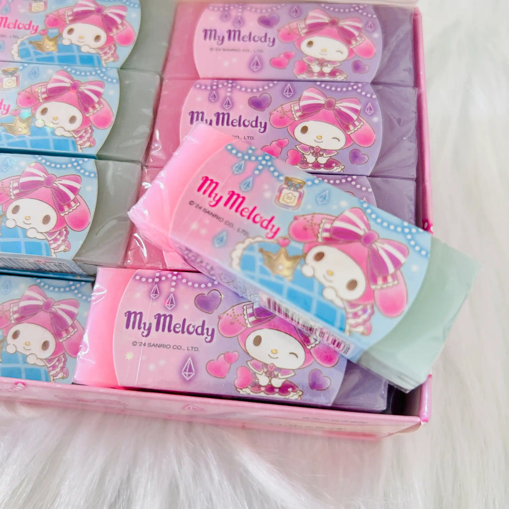 A box of My Melody Two Colour Jelly Rubber, shows many pieces of erasers in pink and green colour.