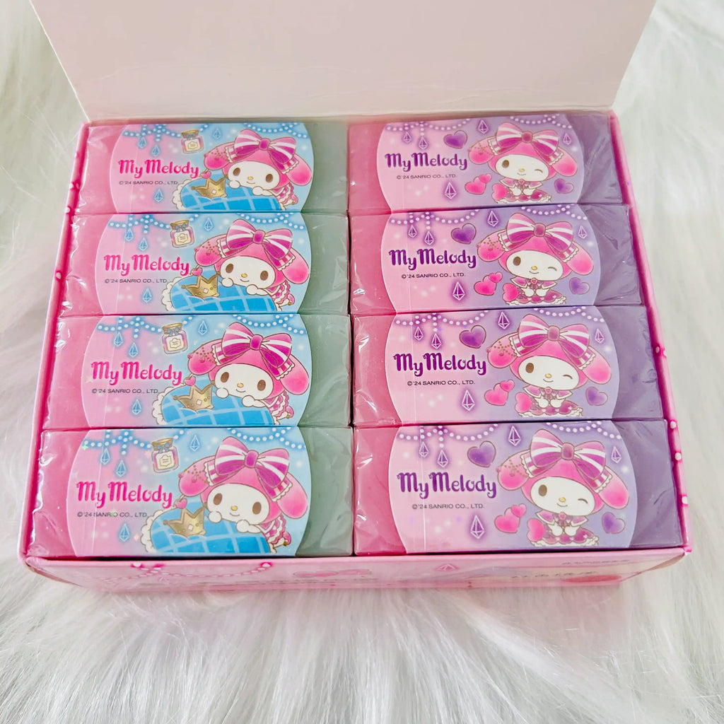 A box of My Melody Two Colour Jelly Rubber. The packages are pink with character artwork and text including 'My Melody' and 'Sanrio Co.