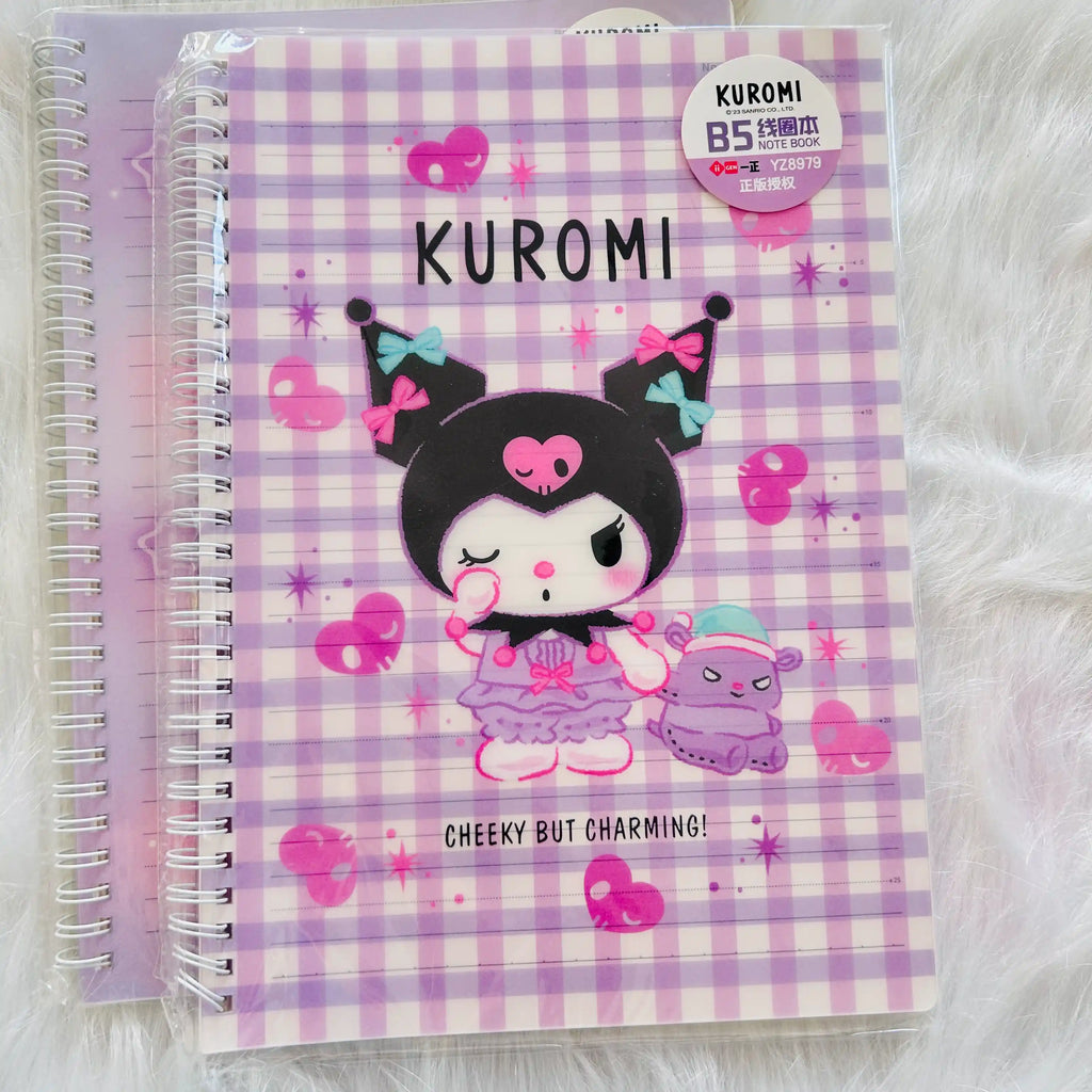 A Kuromi-themed spiral-bound notebook with a purple and white gingham cover, featuring a cartoon illustration of Kuromi. 