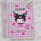 A Kuromi-themed spiral-bound notebook with a purple and white gingham cover, featuring a cartoon illustration of Kuromi. 