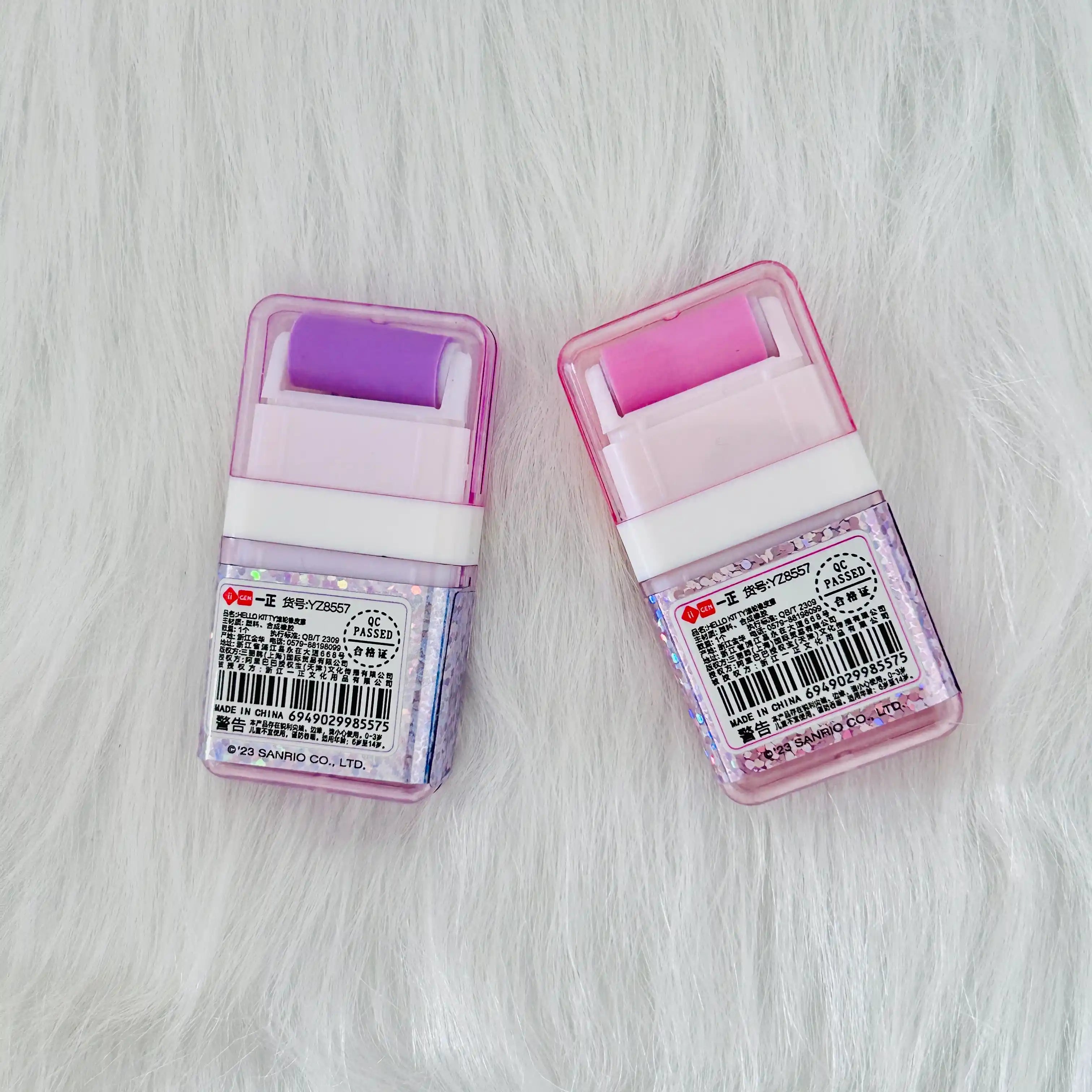 Back view of two Sanrio Hello Kitty roller erasers, shows products' barcode and information.