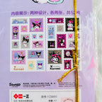 A package of Sanrio Kuromi postage stamp stickers, showing two sheets of colorful cartoon stamps inside a clear plastic sleeve with a gold cord tied around it.