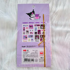 A package of Sanrio Kuromi postage stamp stickers, showing two sheets of colorful cartoon stamps inside a clear plastic sleeve.
