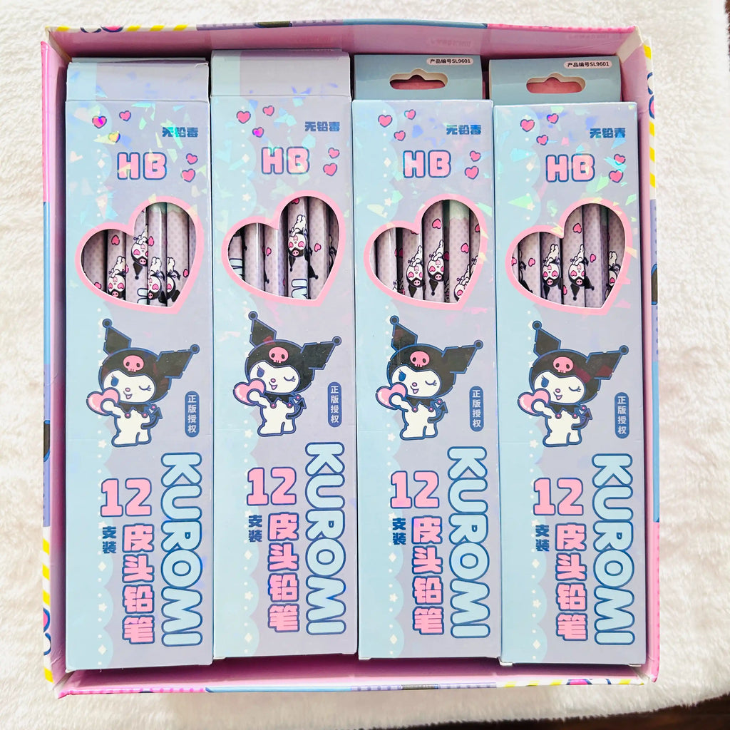 Four packages of Kuromi HB 12 pencils placed inside a larger outer box.