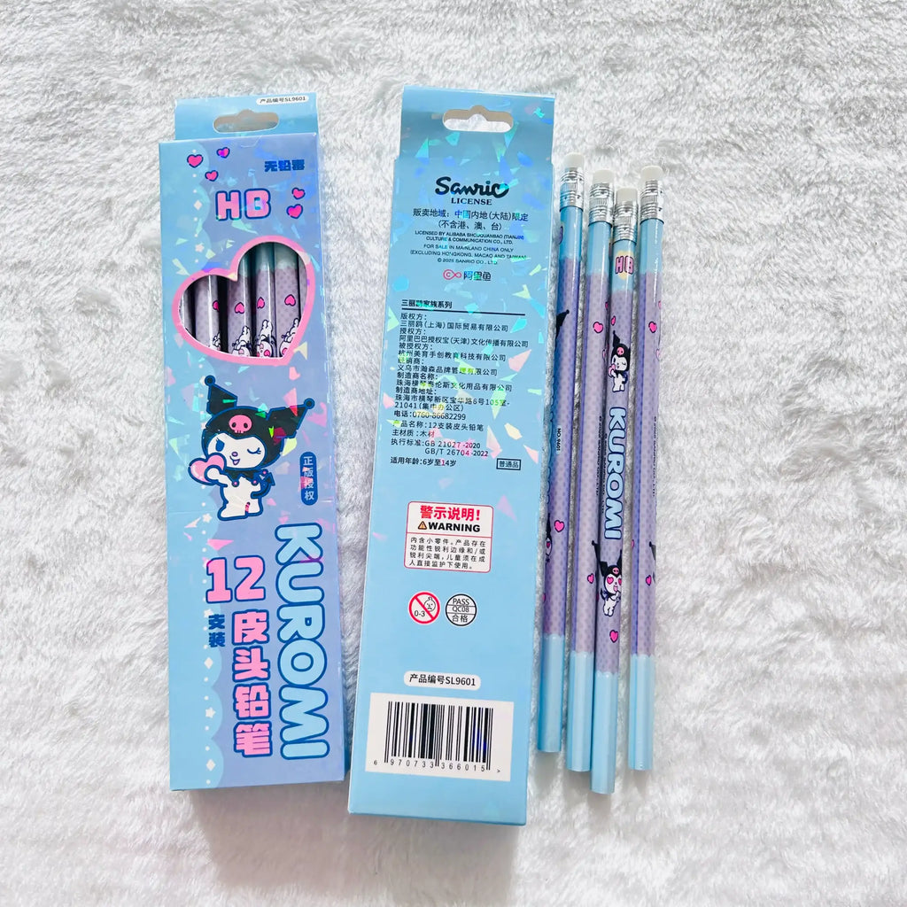 A 12-pack of Sanrio Kuromi HB pencil set, showing both the blue retail packaging box and four individual pencils with Kuromi illustrations.