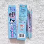 A 12-pack of Sanrio Kuromi HB pencil set, showing both the blue retail packaging box and four individual pencils with Kuromi illustrations.
