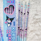 Close up view of the Kuromi branded HB pencils with purple glitter bodies and light blue ends.