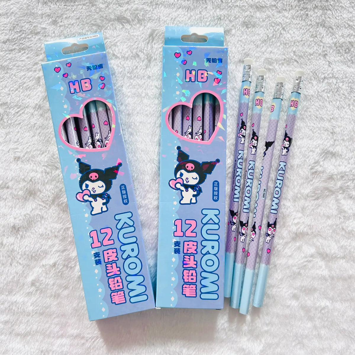 Sanrio HB Triangular Pencils with Eraser Toppers – 12-Piece Kawaii Stationery Box (Kuromi, My Melody, Hello Kitty)