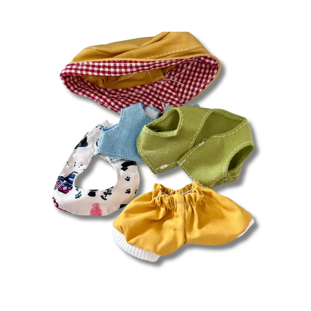 The front view of the clothing set that include yellow gingham bucket hat, olive vest, and bandana