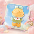 A back view of Labubu wearing a set of yellow gingham bucket hat, olive vest, and bandana