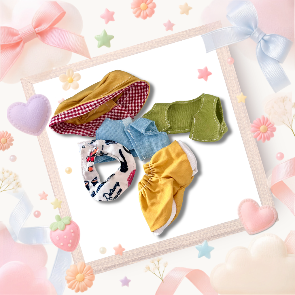 The front view of the clothing set that include yellow gingham bucket hat, olive vest, and bandana