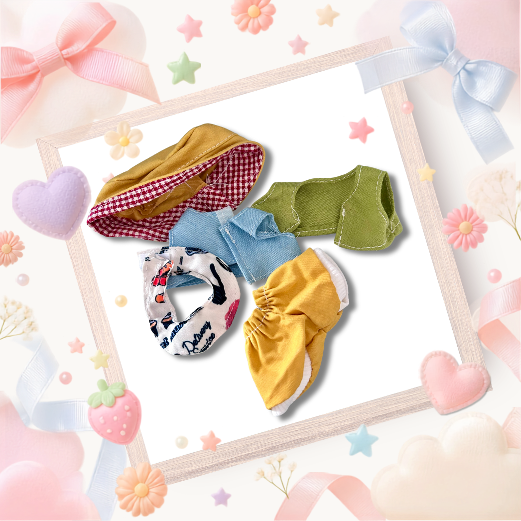 The front view of the clothing set that include yellow gingham bucket hat, olive vest, and bandana