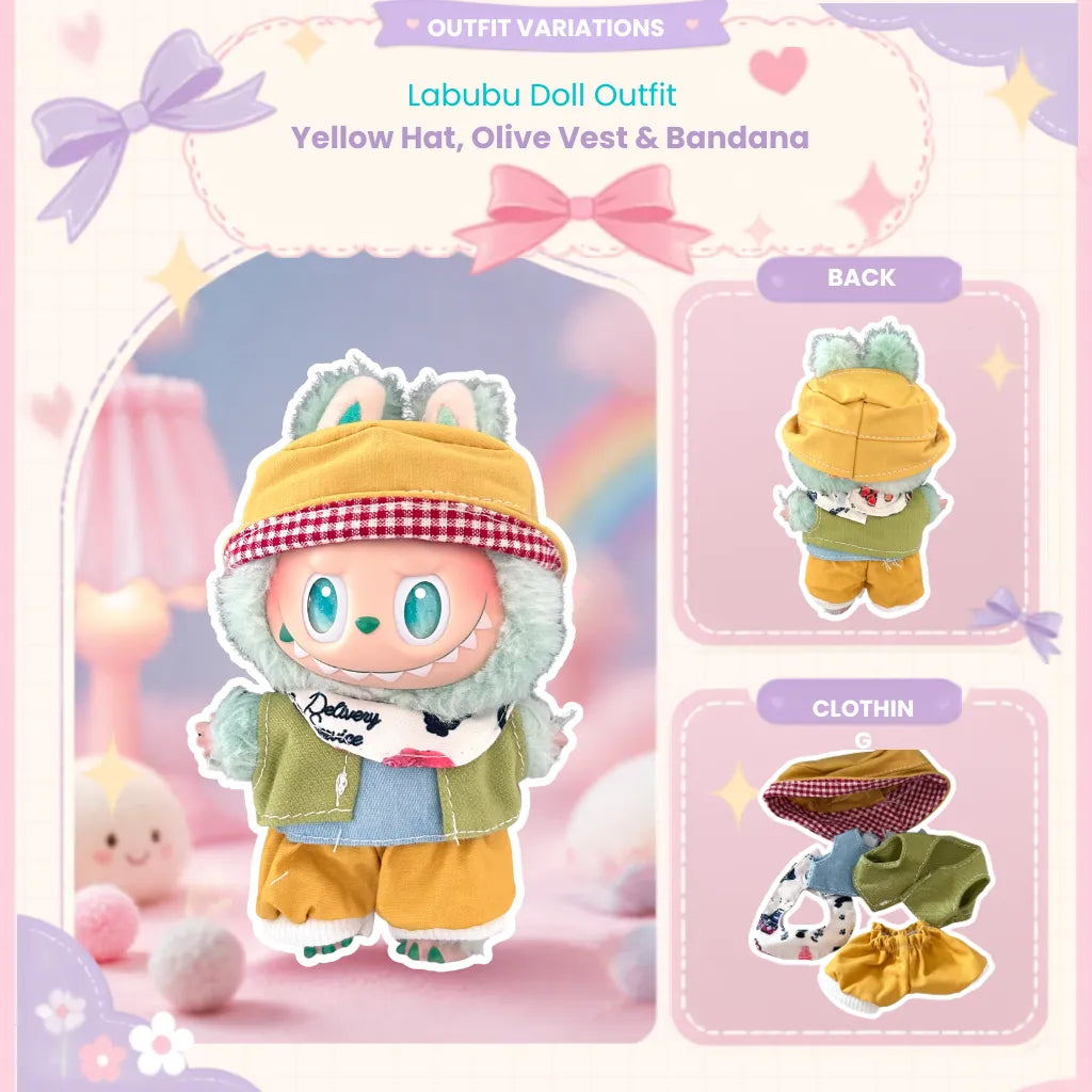 Labubu Doll Outfit Yellow Hat, Olive Vest & Bandana outfit variation display featuring a main character wearing the outfit, with smaller inset views showing the back and clothing components.
