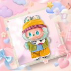 A front view Labubu wearing a clothing set of yellow gingham bucket hat, olive vest, and bandana