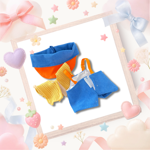 The front view of the clothing set that include blue corduroy dungarees and colourblock cap
