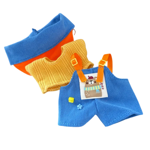 A front view Labubu wearing a clothing set of blue corduroy dungarees and colourblock cap