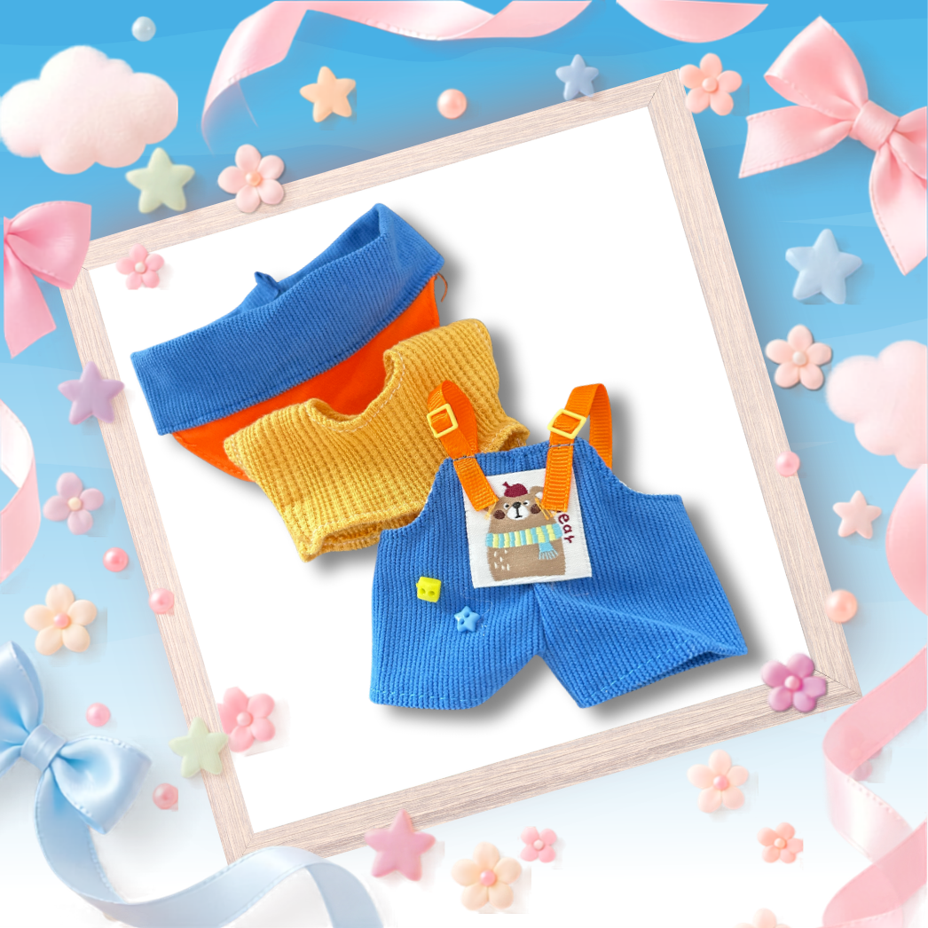 A front view Labubu wearing a clothing set of blue corduroy dungarees and colourblock cap
