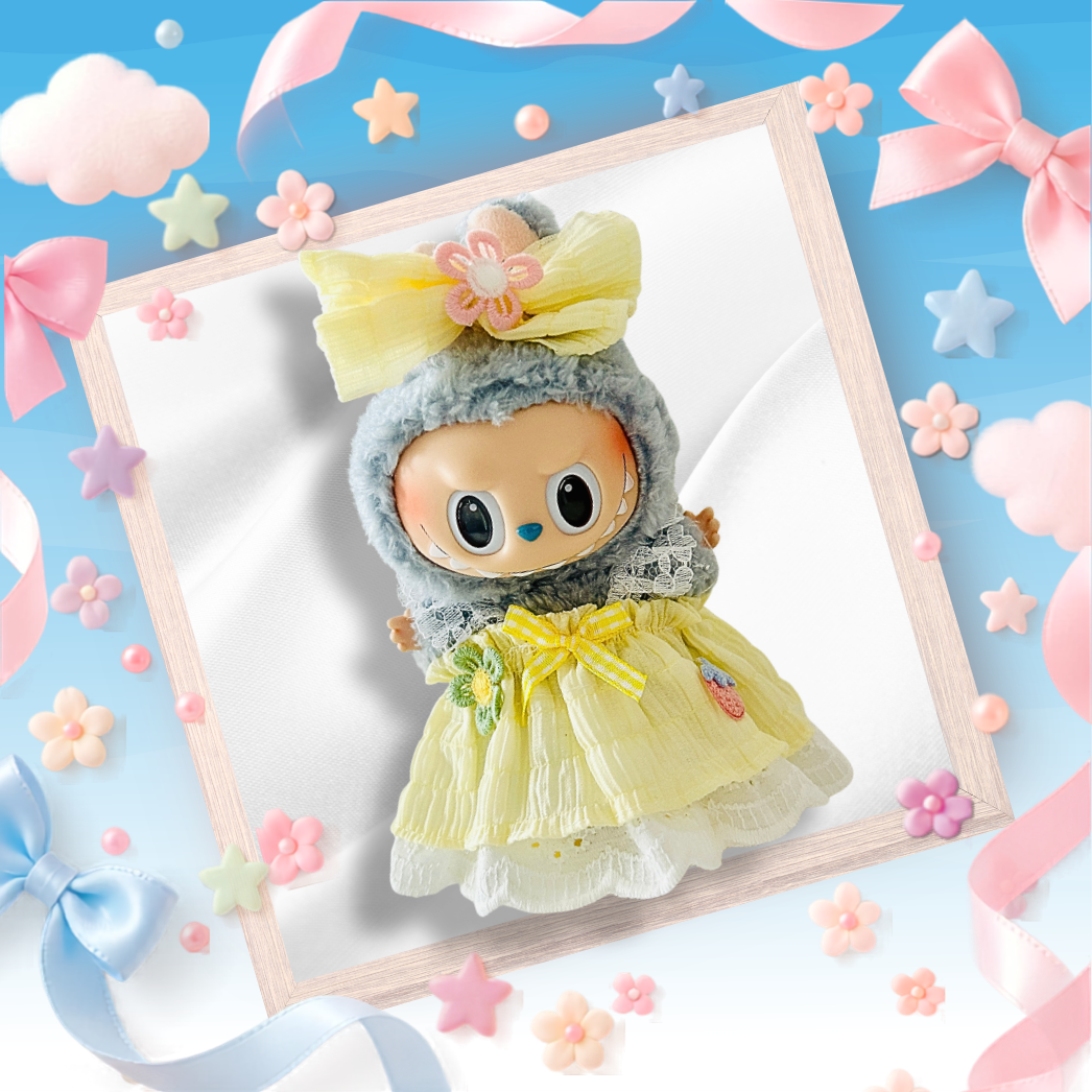 A front view Labubu wearing a clothing set of yellow ruffled dress with a floral bow.