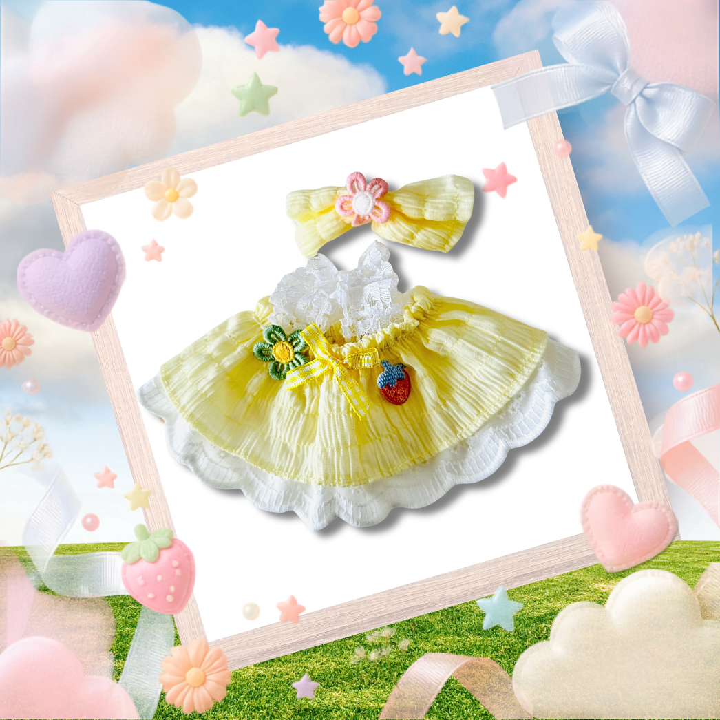 A back view Labubu wearing a clothing set of yellow ruffled dress with a floral bow