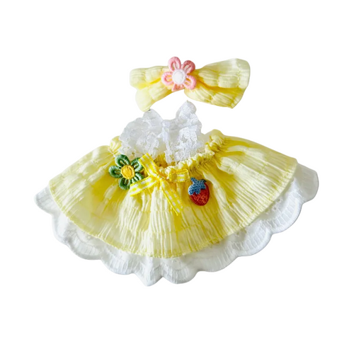 A back view Labubu wearing a clothing set of yellow ruffled dress with a floral bow