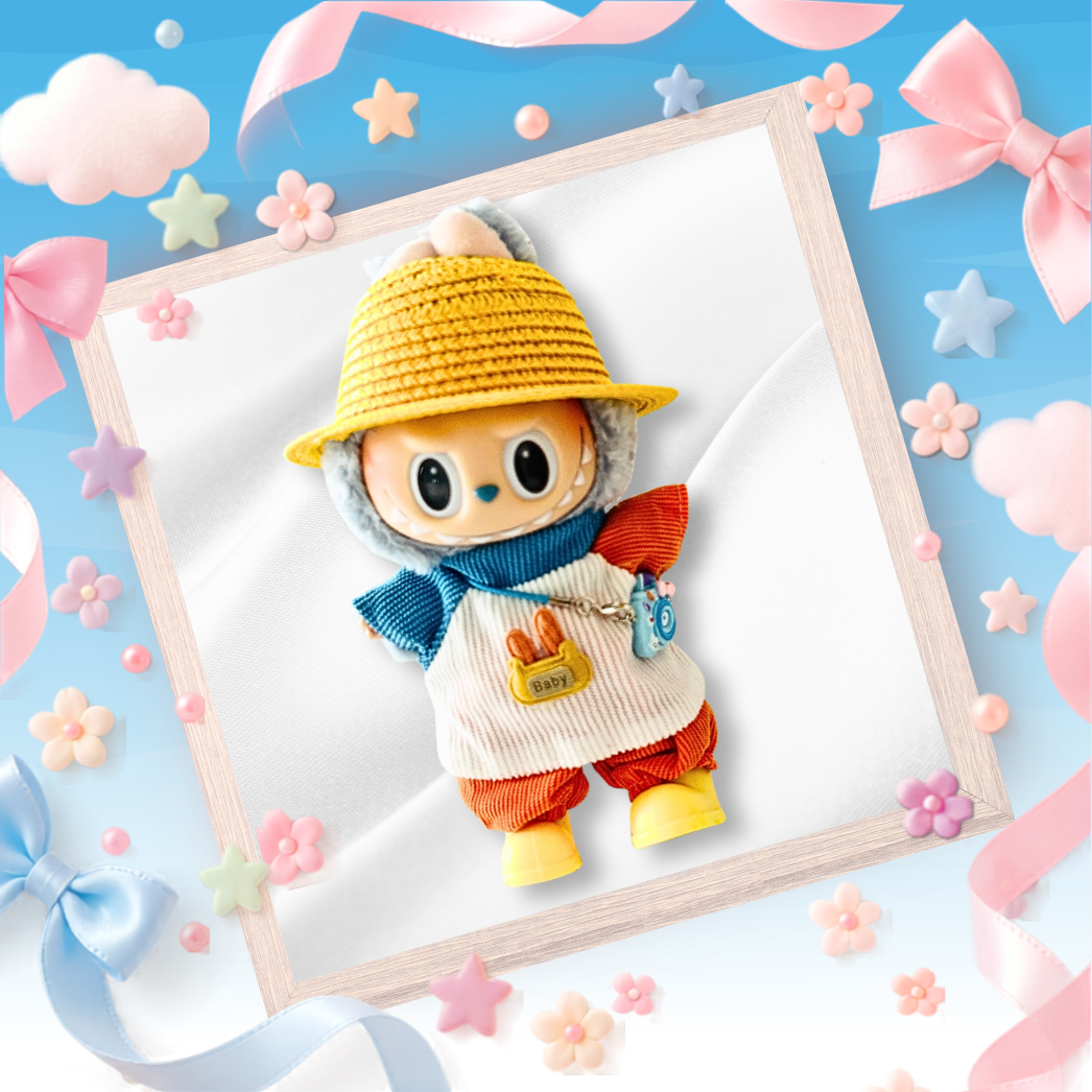 A back view Labubu wearing a clothing set of colorblock corduroy outfit and yellow straw hat.