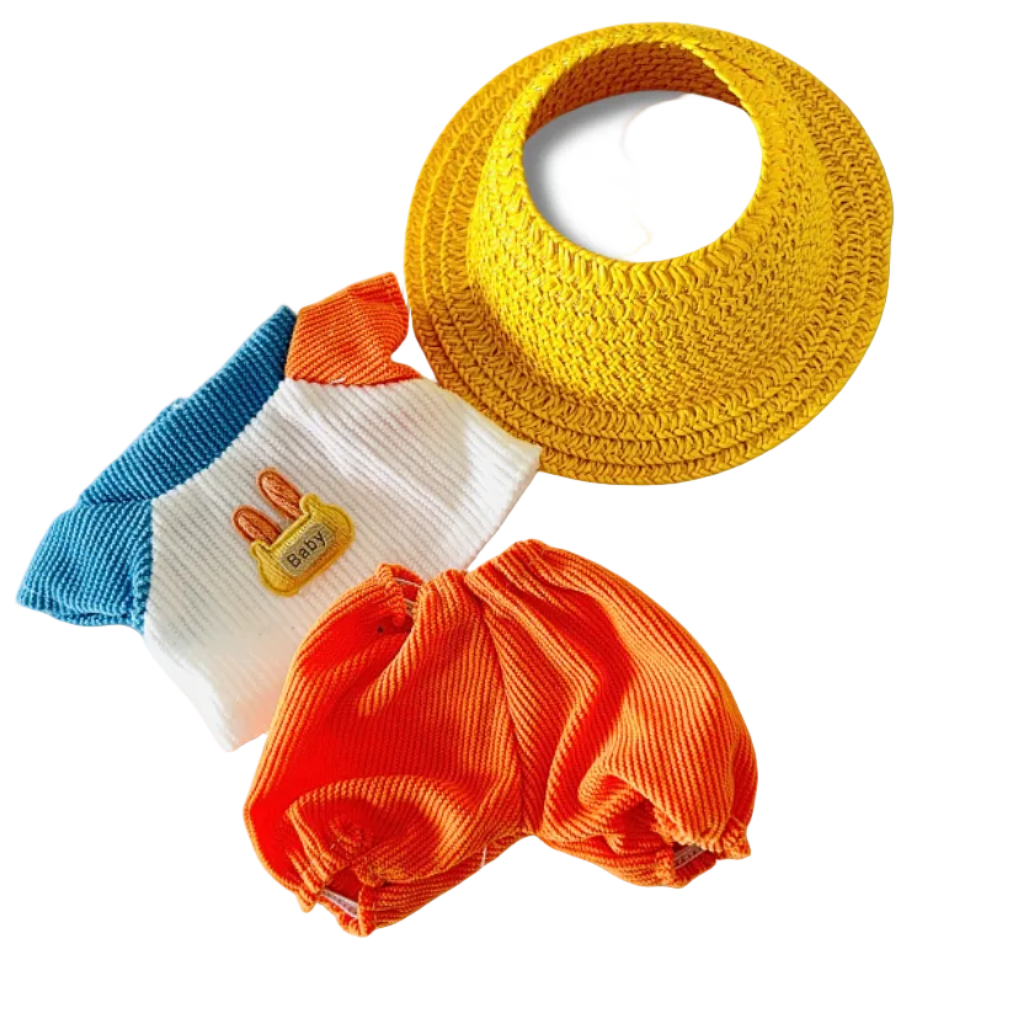 The front view of the clothing set that include colorblock corduroy outfit and yellow straw hat.