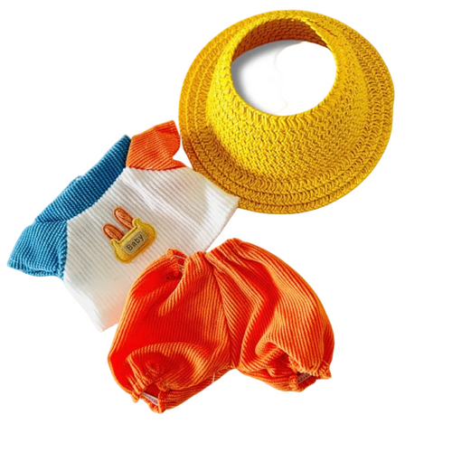 The front view of the clothing set that include colorblock corduroy outfit and yellow straw hat.