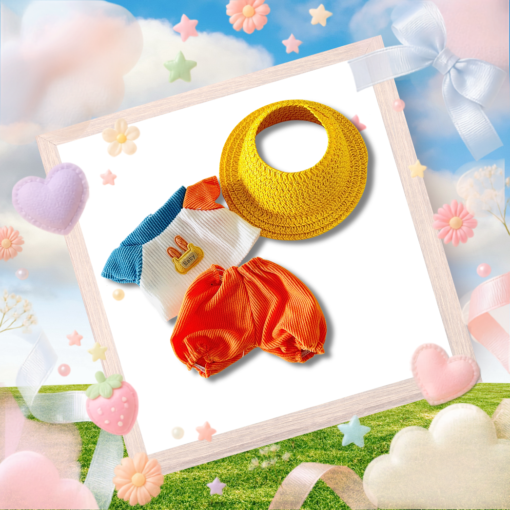 The front view of the clothing set that include colorblock corduroy outfit and yellow straw hat.