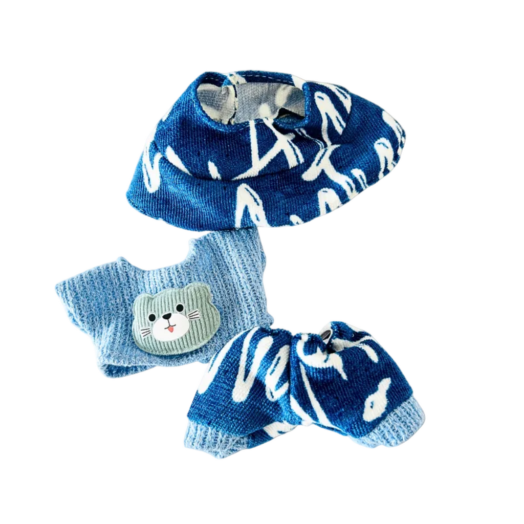 The front view of the clothing set that include blue knit sweater, bear patch, and bucket hat