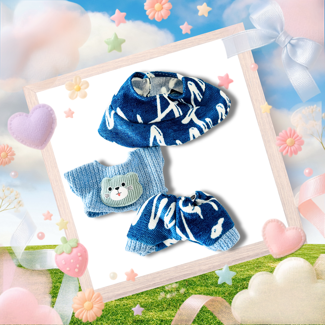 The front view of the clothing set that include blue knit sweater, bear patch, and bucket hat