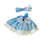 A Labubu dress set clothing top view, a baby blue and white dress with ruffle and matching headband. 