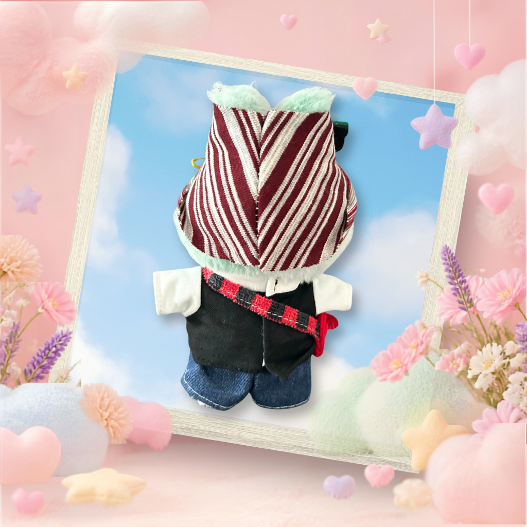 The front view of the clothing set that include black graphic tee, denim shorts, and red beanie