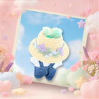 The front view of the clothing set that include indigo denim overalls and floral straw sun hat