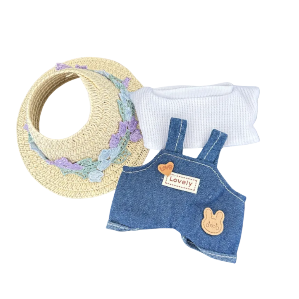A front view Labubu wearing a clothing set of indigo denim overalls and floral straw sun hat