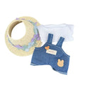 A Labubu doll outfit set including a straw sun hat, a white ribbed top, and blue denim-style overalls with a 'Lovely' patch.