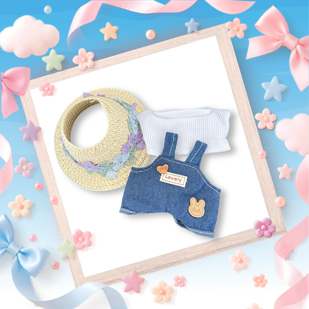 A front view Labubu wearing a clothing set of indigo denim overalls and floral straw sun hat