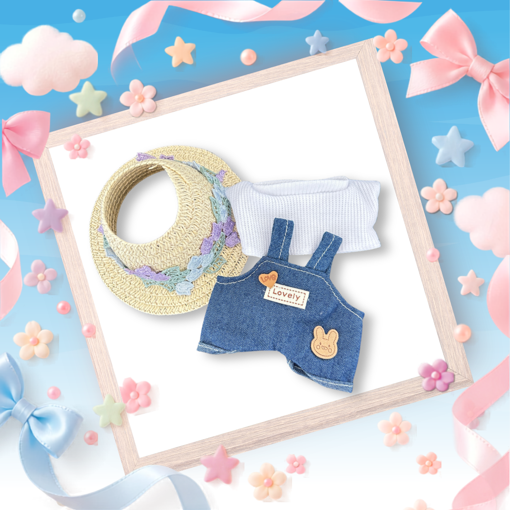 A front view Labubu wearing a clothing set of indigo denim overalls and floral straw sun hat