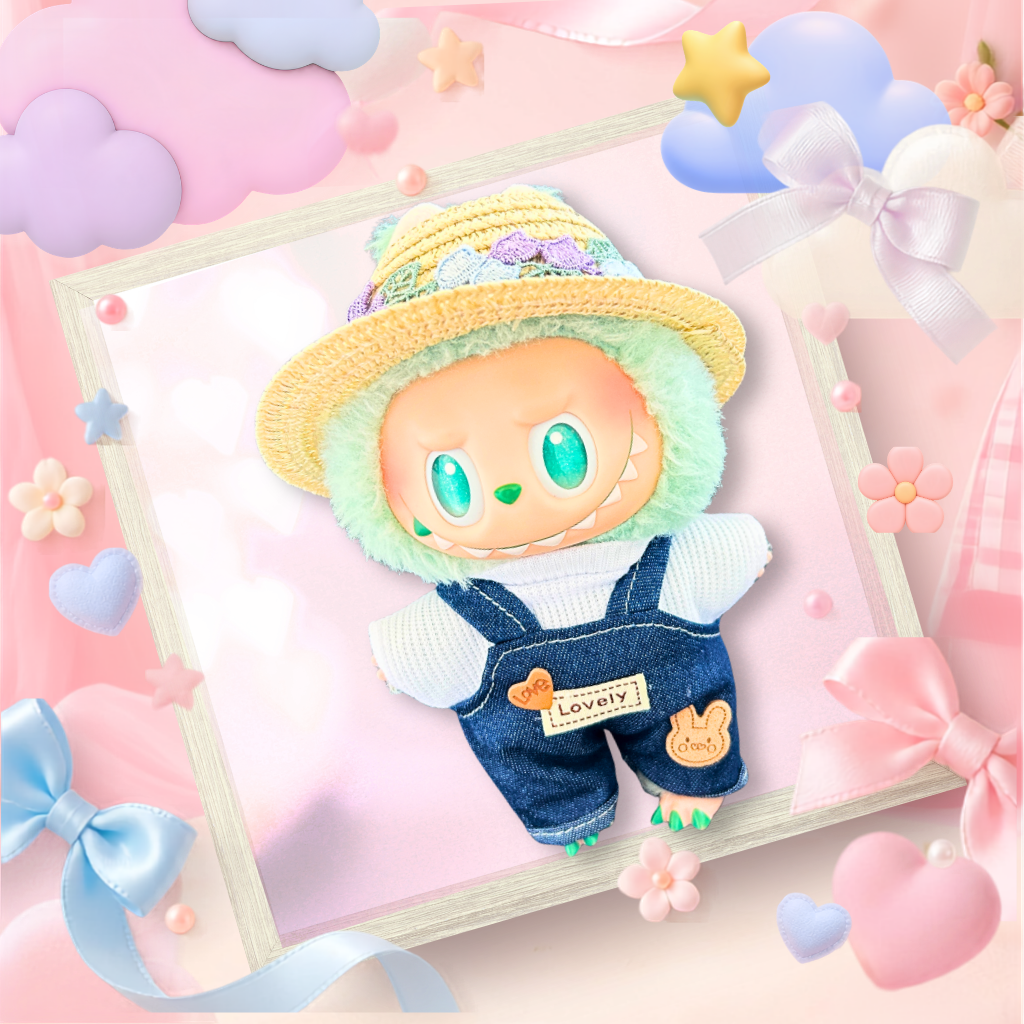 The back view of the clothing set that include indigo denim overalls and floral straw sun hat