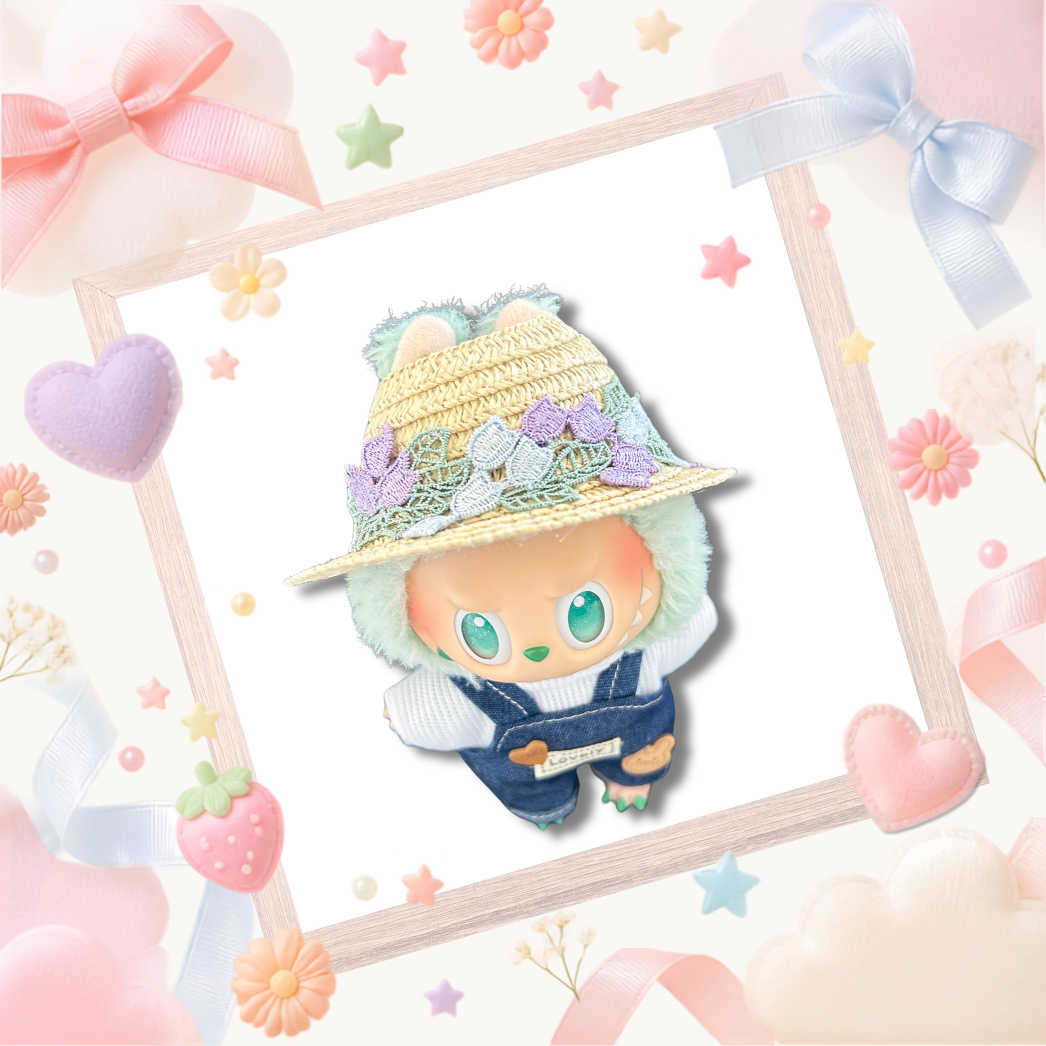 A back view Labubu wearing a clothing set of indigo denim overalls and floral straw sun hat