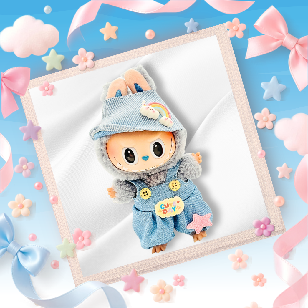 A cute plush toy doll with large black eyes, wearing a light blue denim-style outfit and matching hat with pastel rainbow and star details.