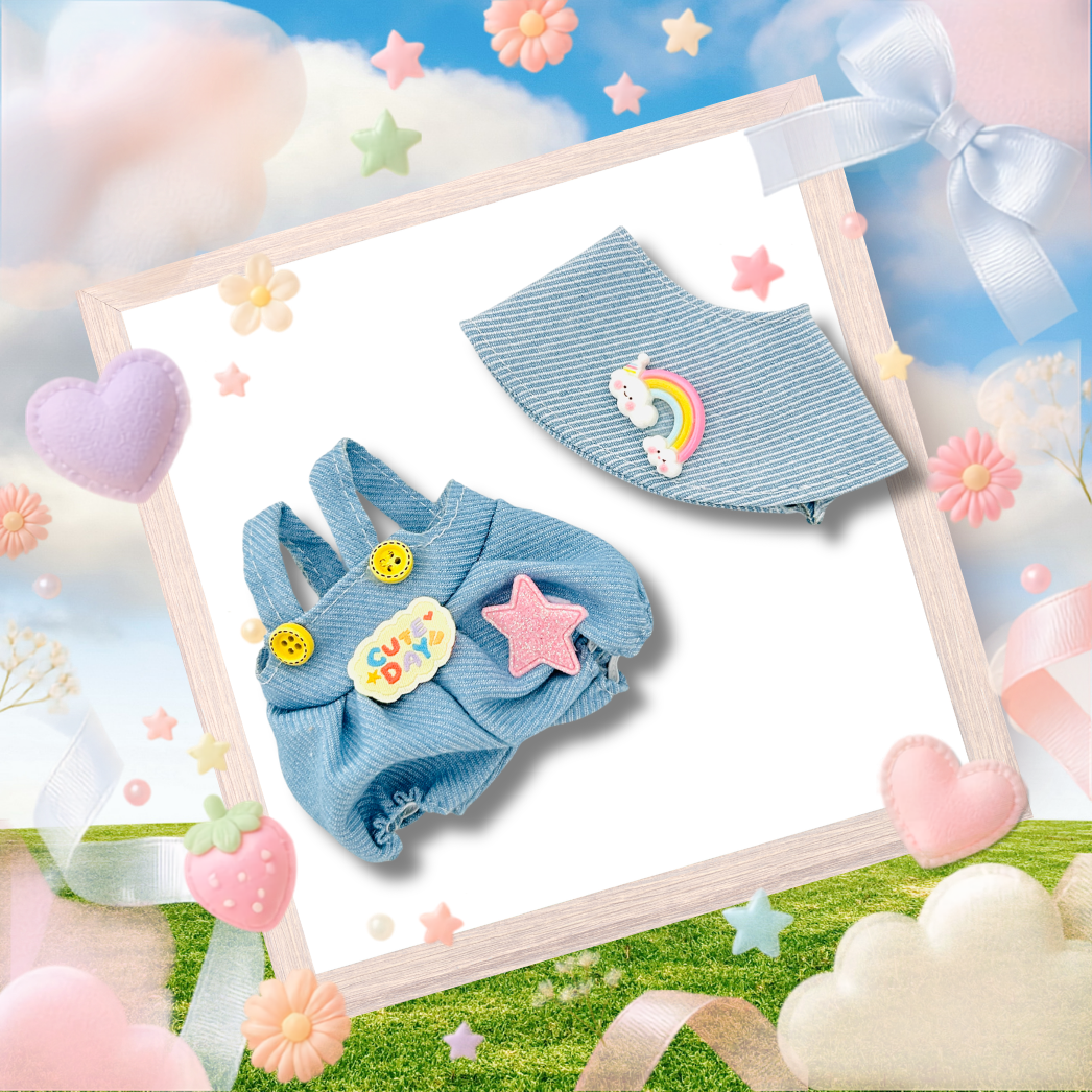 A Labubu plush doll outfit set including a blue denim overalls and a cap with rainbow patches, outfit front view. 	
