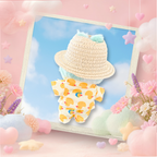 The front view of the clothing set that include duck print shirt, trousers, and straw hat