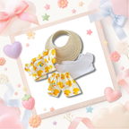 The back view of the clothing set that include duck print shirt, trousers, and straw hat