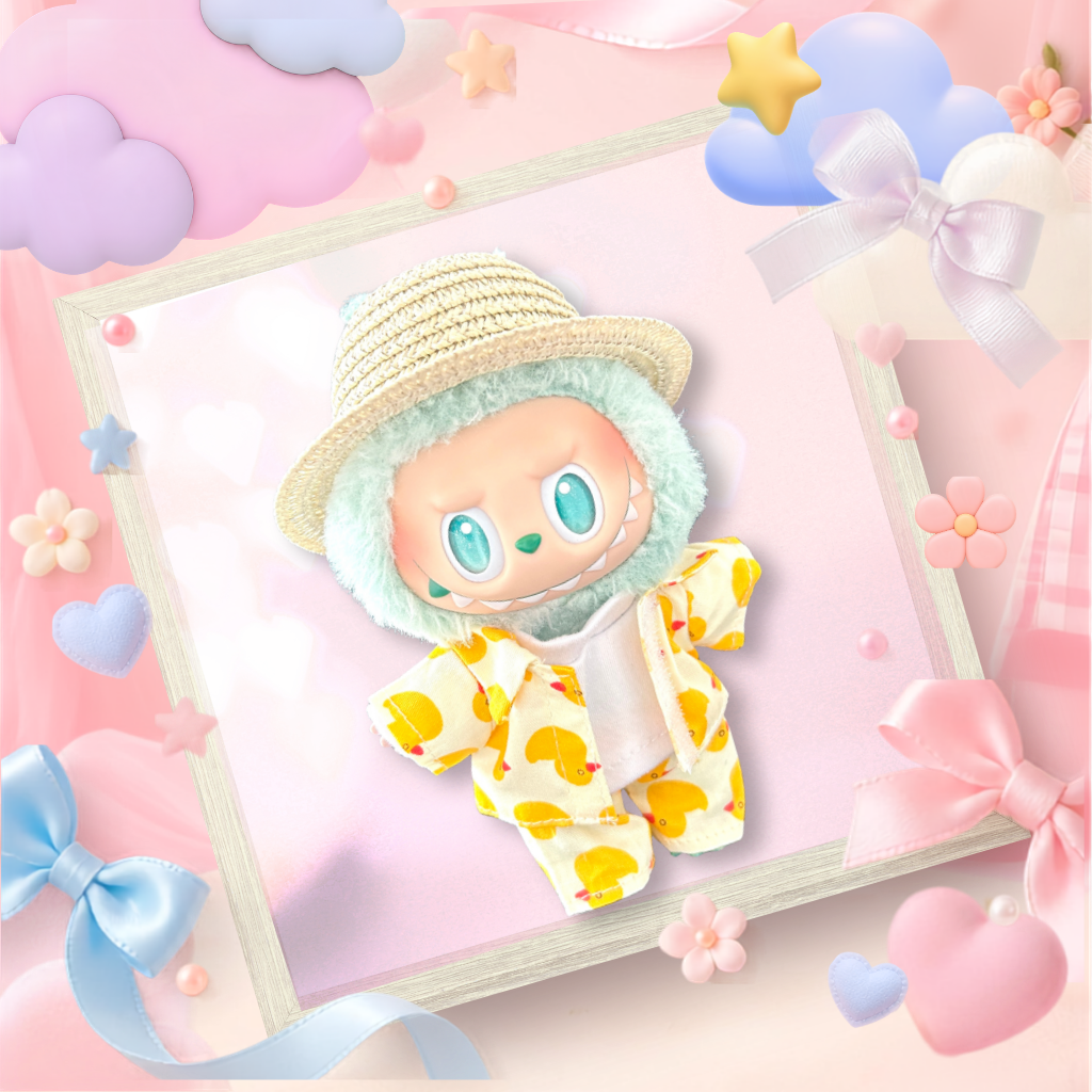 A front view Labubu wearing a clothing set of duck print shirt, trousers, and straw hat