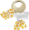 The front view of the Labubu clothing set that include duck print shirt, trousers, and straw hat