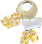 The front view of the Labubu clothing set that include duck print shirt, trousers, and straw hat