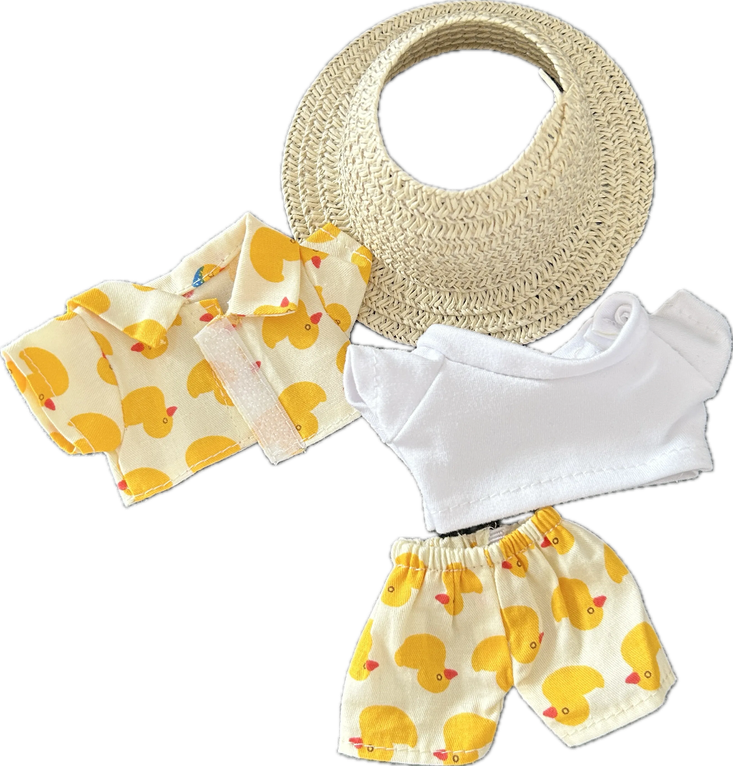 The front view of the Labubu clothing set that include duck print shirt, trousers, and straw hat