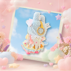 A back view Labubu wearing a clothing set of pale blue and pink lolita dress with a bonnet.